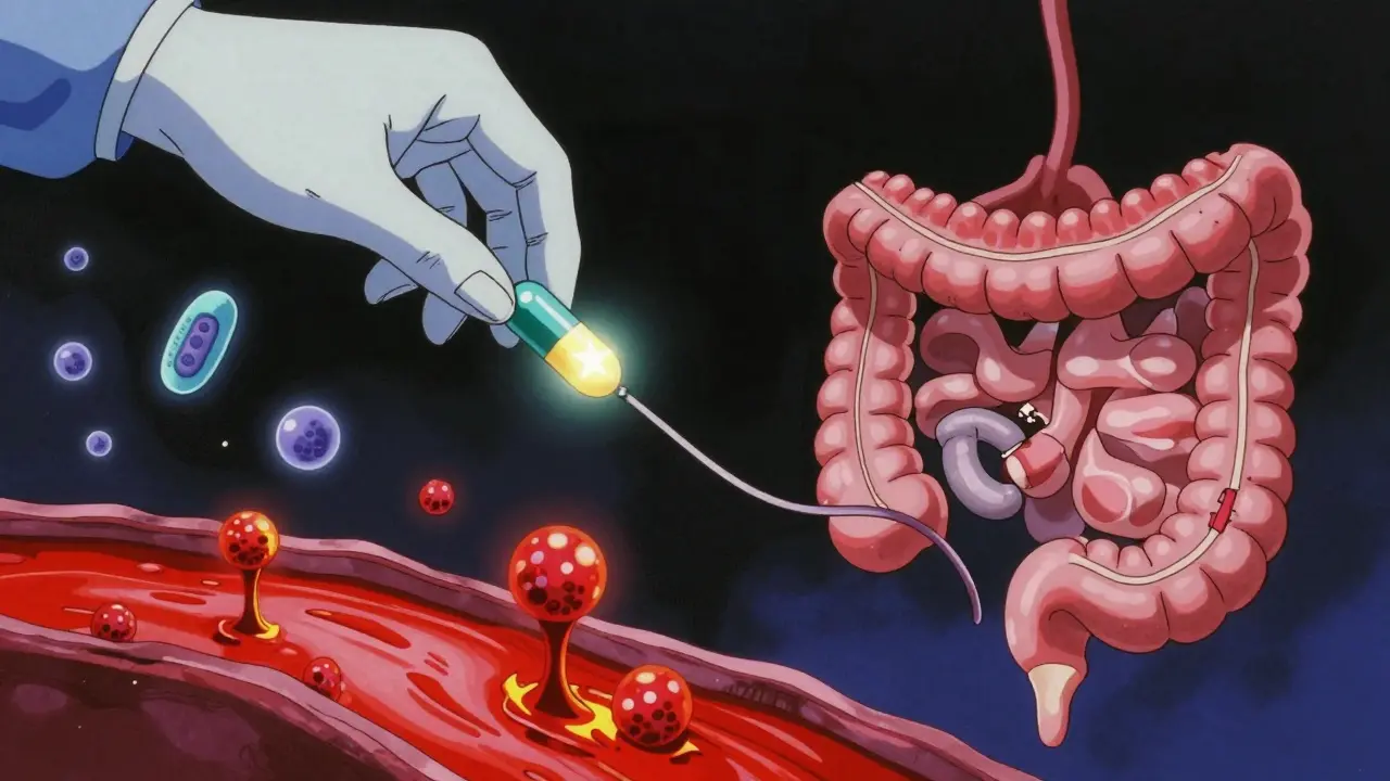Capsule endoscope glowing through a Crohn's-affected intestine with cobblestone ulcers, beside a healthy UC colon, surrounded by floating antibodies.