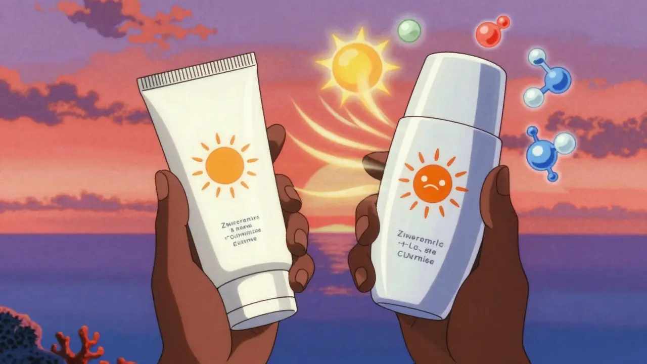 Contrasting mineral and chemical sunscreens with UV rays and coral reef impact.