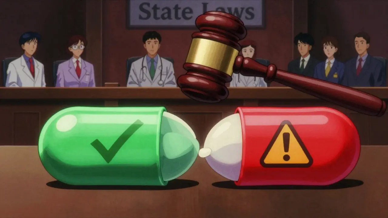 Courtroom scene with a split pill and state law wall, dramatic lighting, legal tension.