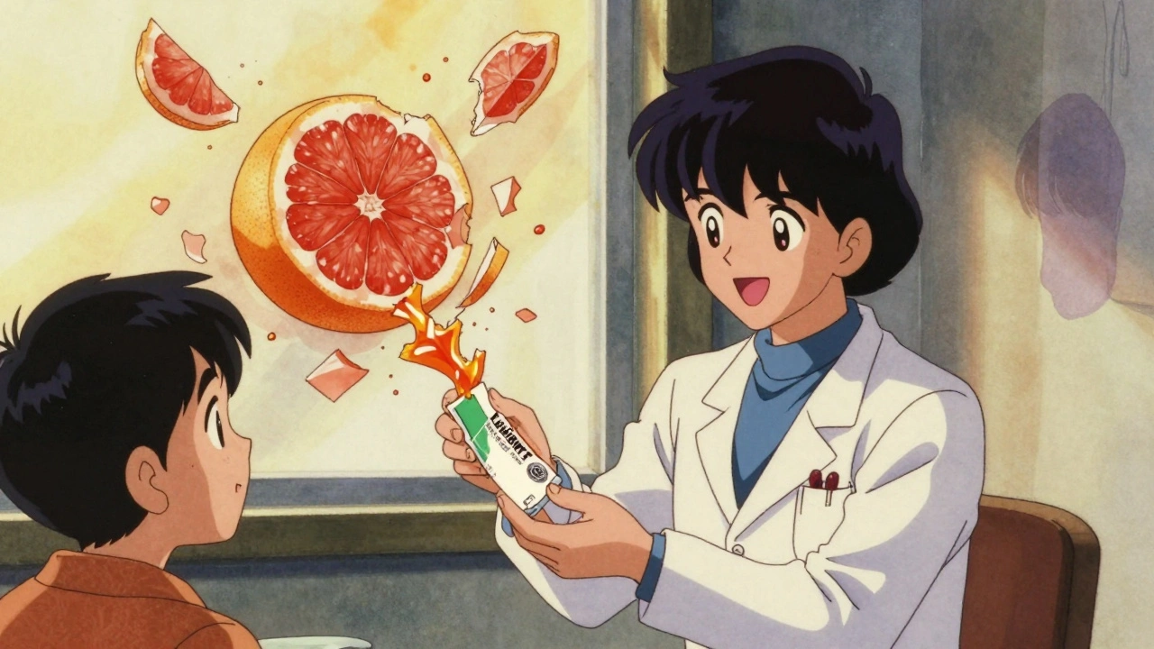 Doctor gives new prescription as grapefruit shatters in background, patient looks relieved.