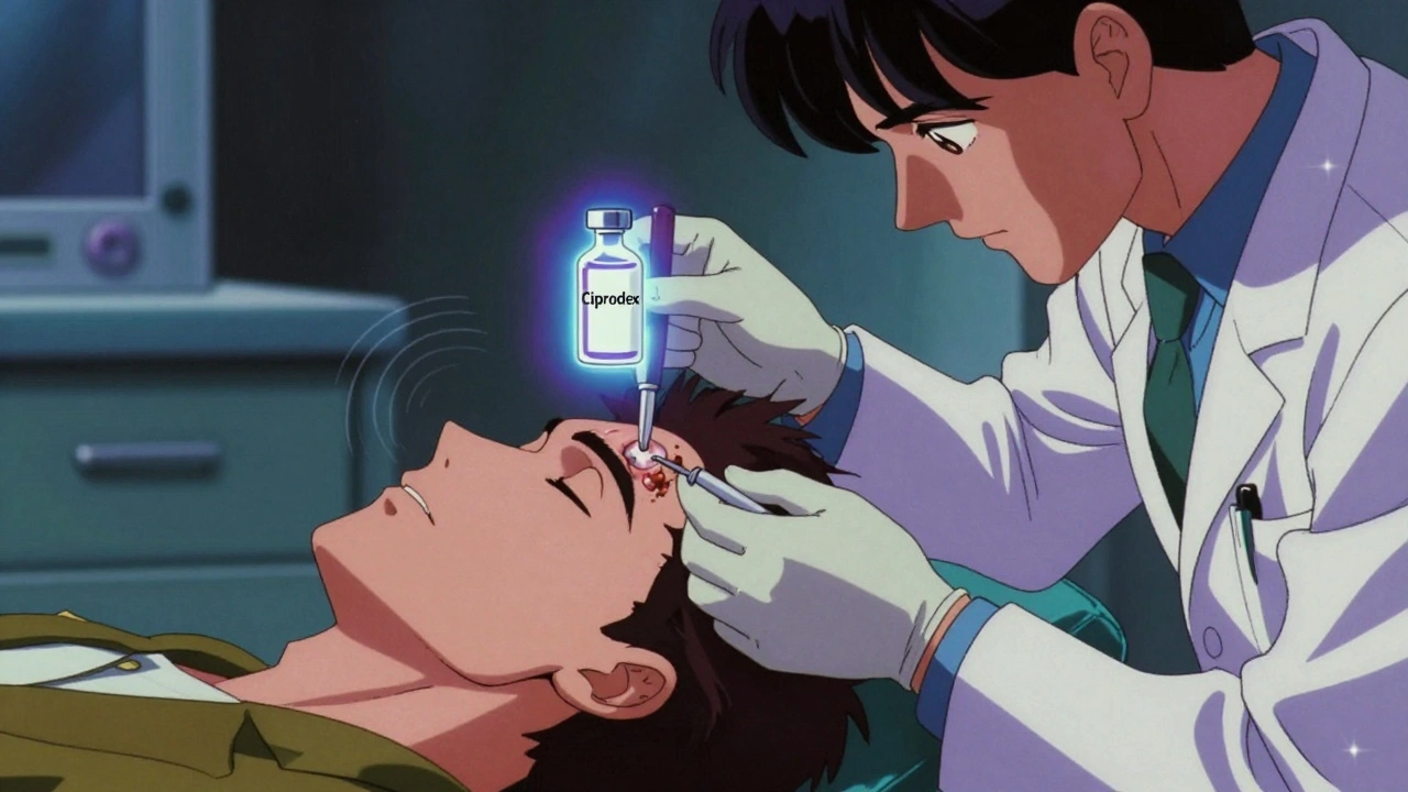Doctor removing ear debris with a scope while healing drops glow above the ear in retro anime style.