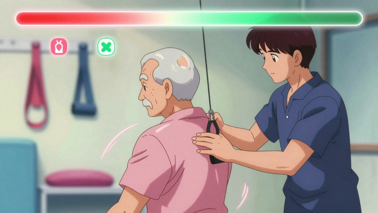 Elderly patient receiving passive shoulder therapy with pulley system in retro anime style.