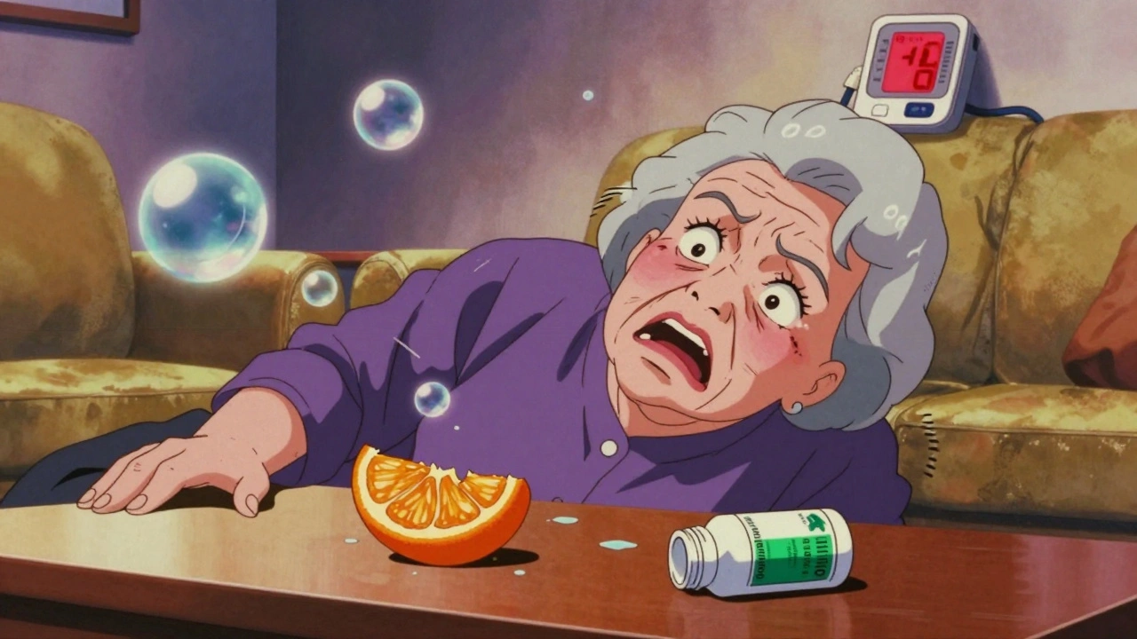 Elderly woman collapsing as Seville orange and medication lie on table, blood pressure monitor spiking.