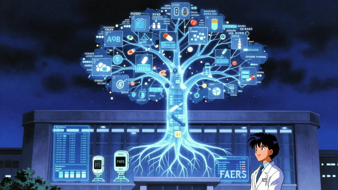 Holographic tree of drug safety data growing from a server core, symbolizing FAERS' future integration.