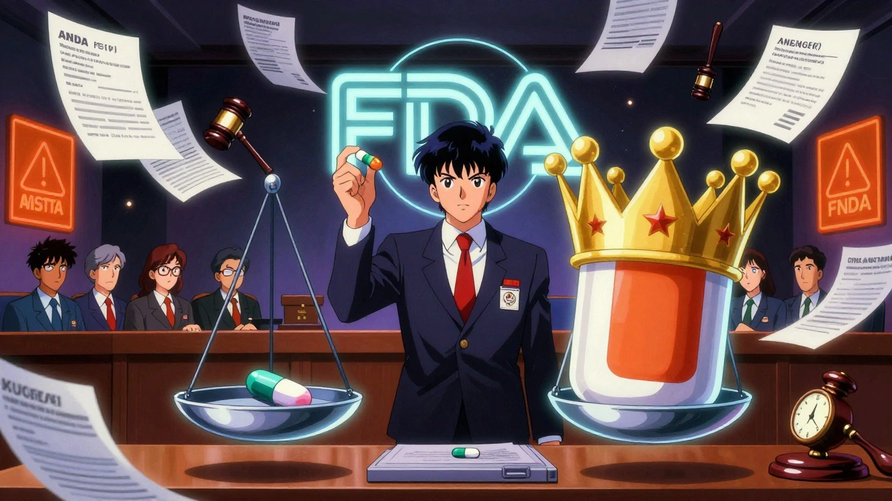 Lawyer in courtroom facing a scale with generic pill vs branded drug, floating legal documents.