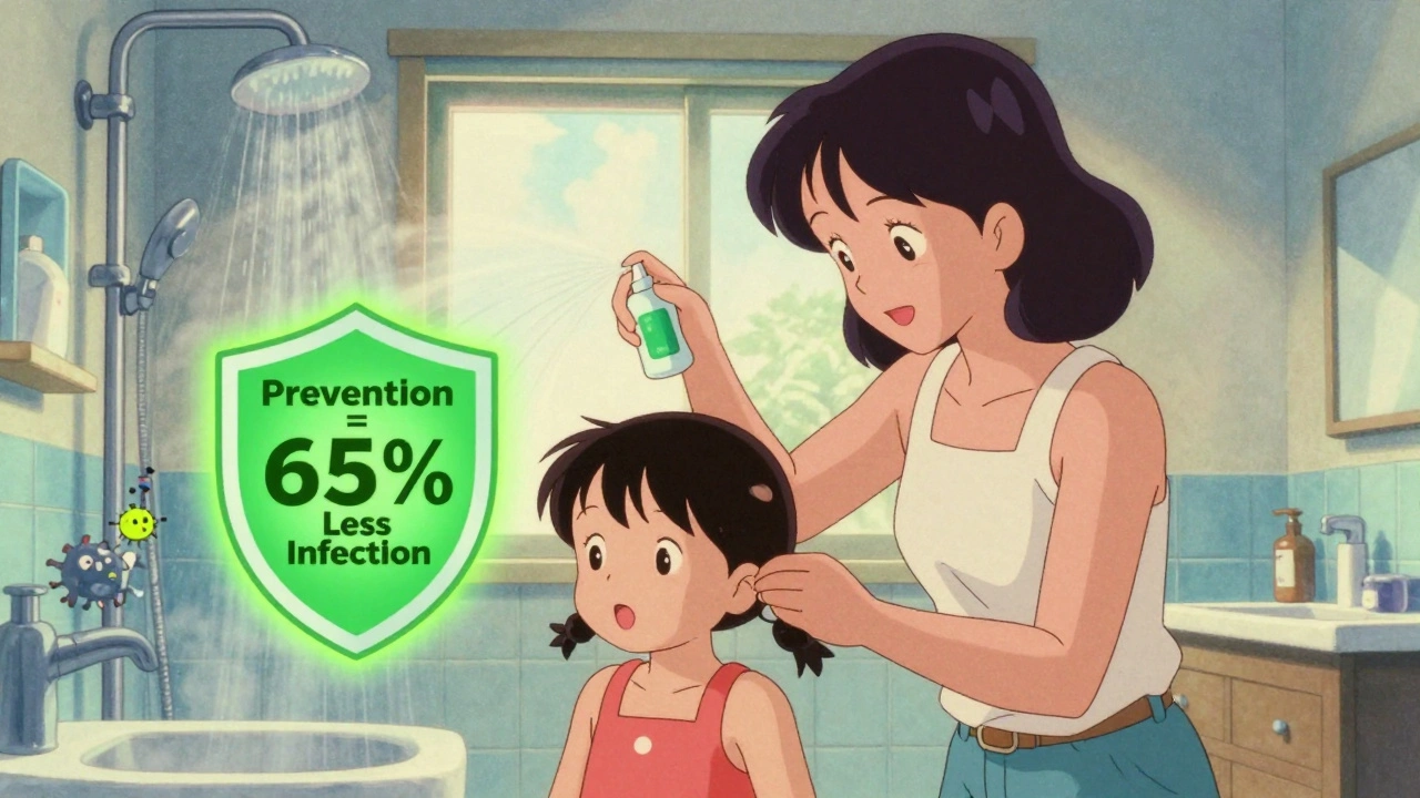 Mother applying preventive ear drops to her daughter with a glowing prevention icon in retro anime style.