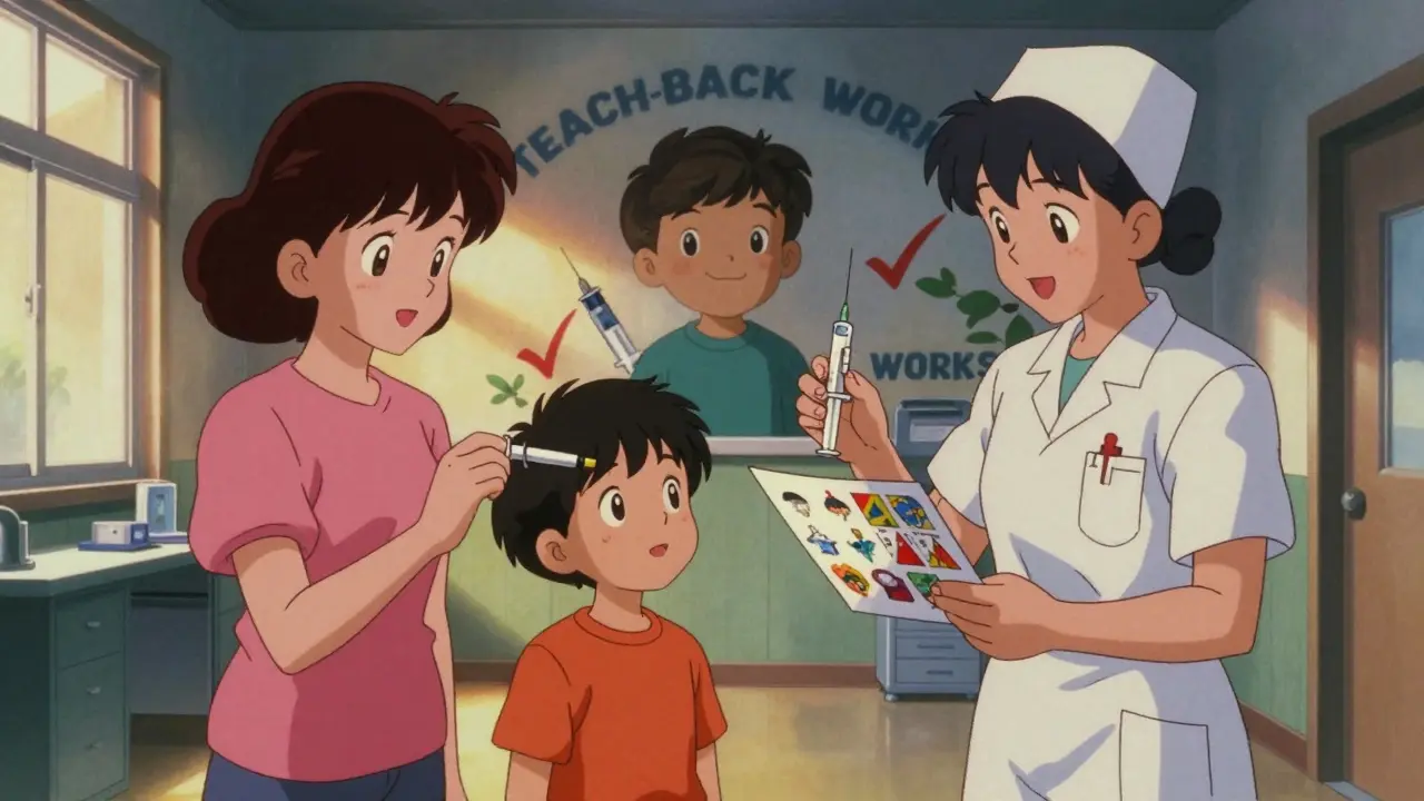 Mother using syringe to give medicine while nurse shows picture instructions in clinic