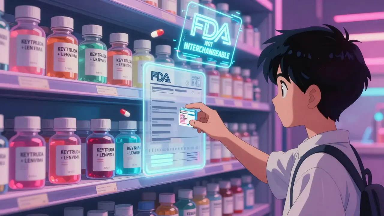 Neon pharmacy shelf with combination drugs, patient blocked by prescription barrier, holographic warning.