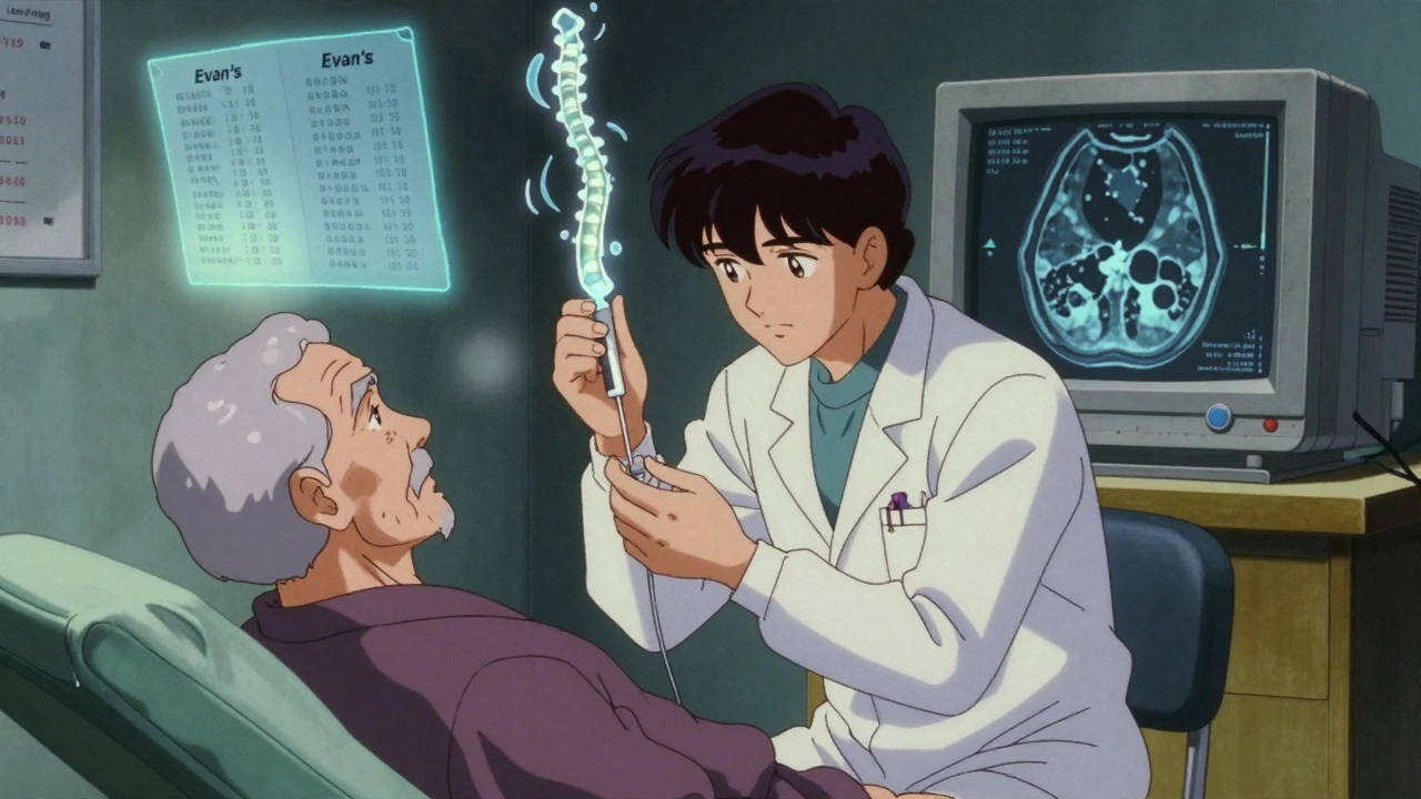 Neurosurgeon performing CSF tap test with glowing fluid column and MRI holograms in retro anime style.