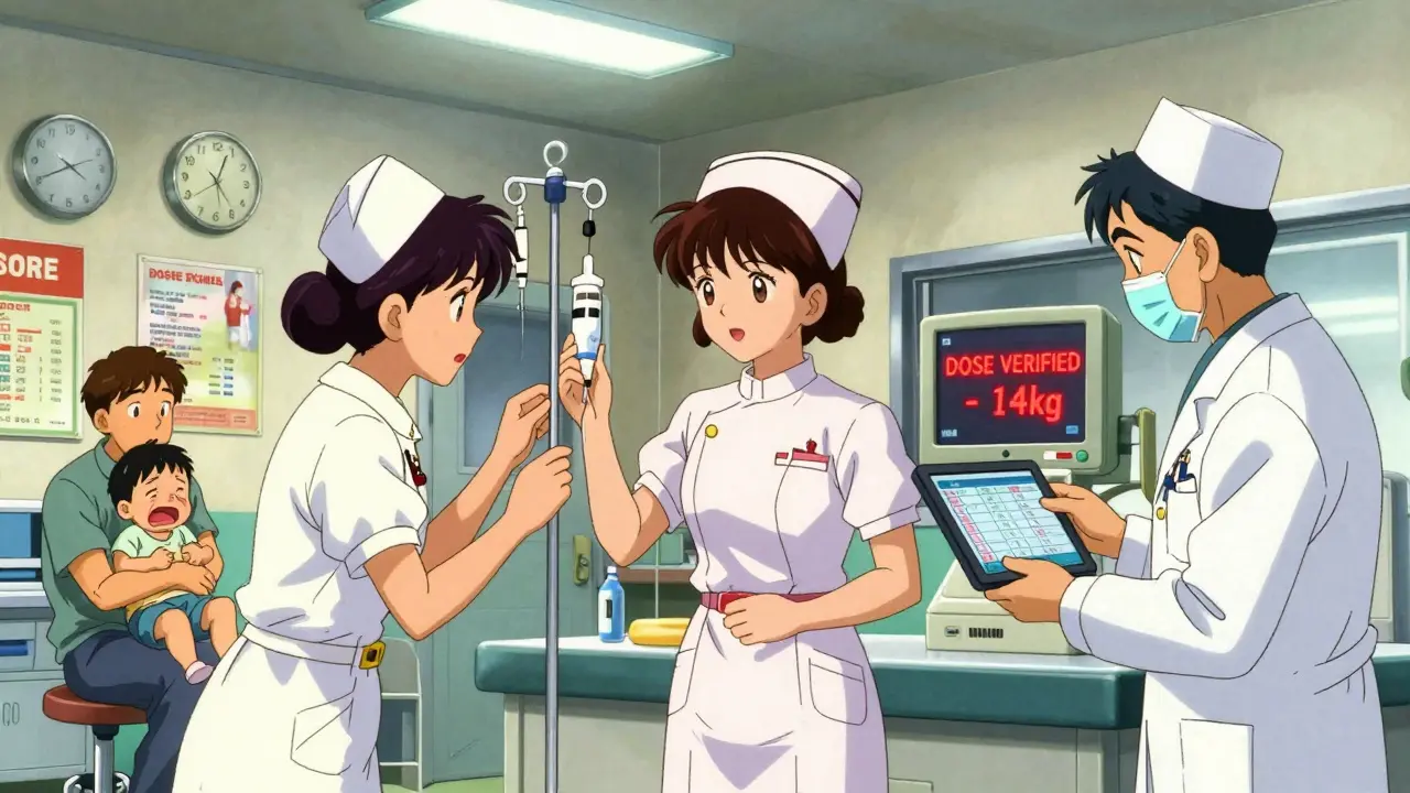 Nurses and pharmacist verifying IV dose for child in emergency room with glowing monitor