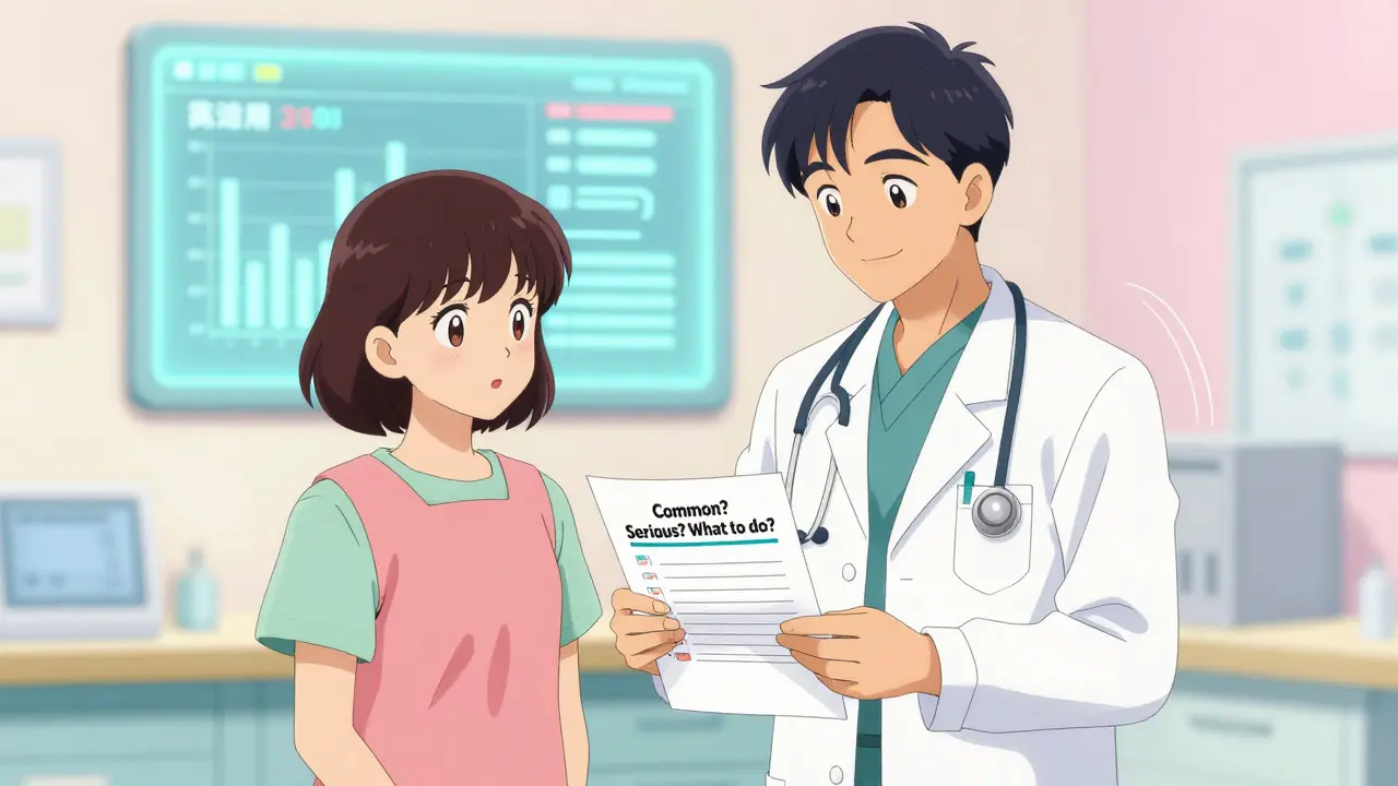 Patient and doctor reviewing side effect checklist together in bright medical office