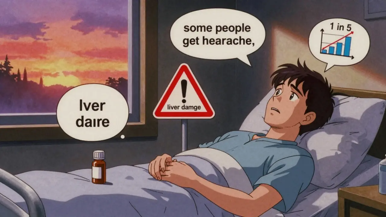 Patient at home with medication bottle and thought bubbles showing side effect fears and data