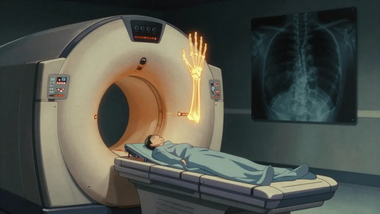 Patient before MRI machine with glowing bone edema visible inside hand bones, anime style.