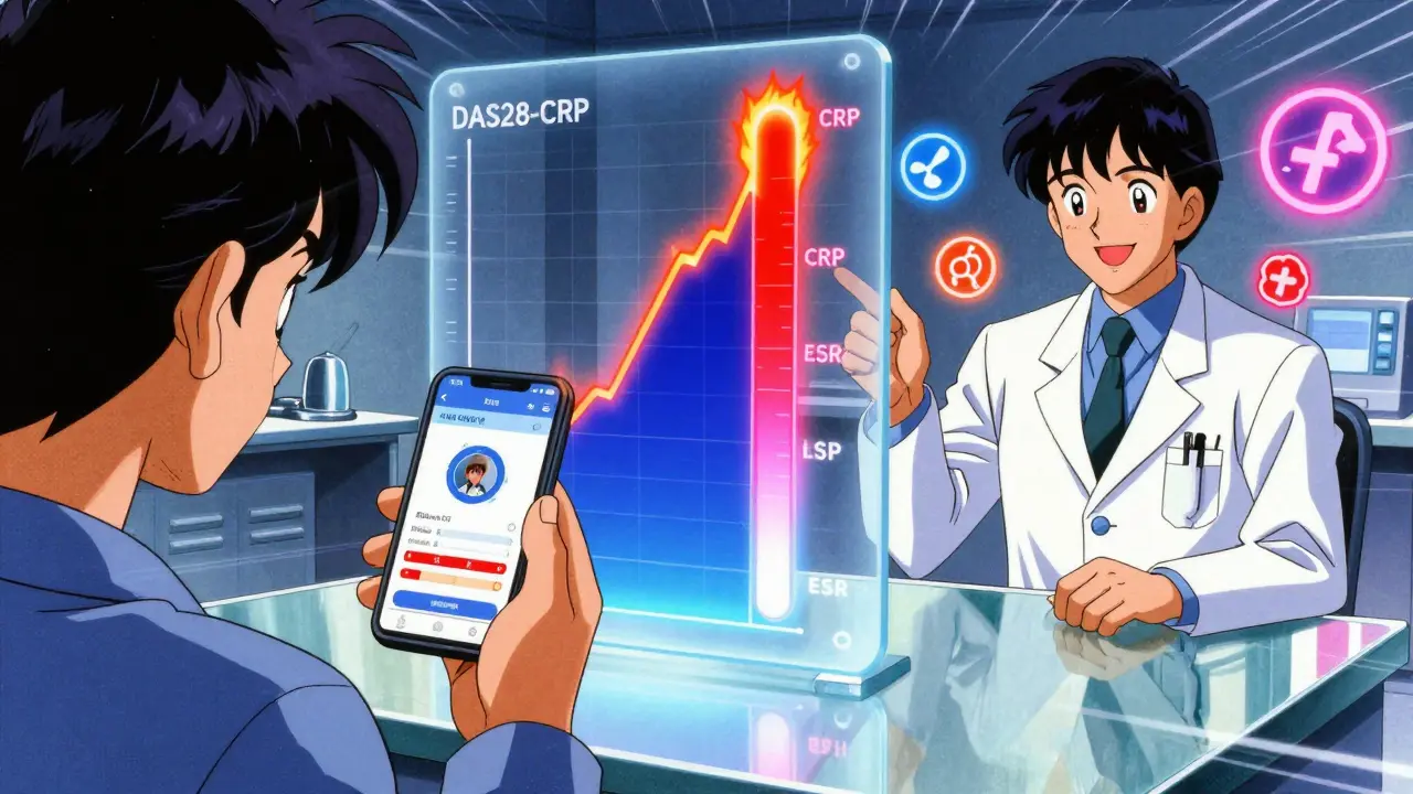 Patient holding phone with floating DAS28-CRP graph showing rising inflammation in retro anime style.