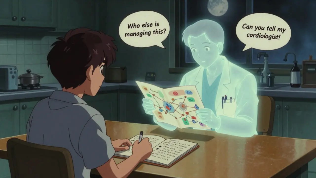 Patient journaling side effects at night with a glowing care coordinator beside them.