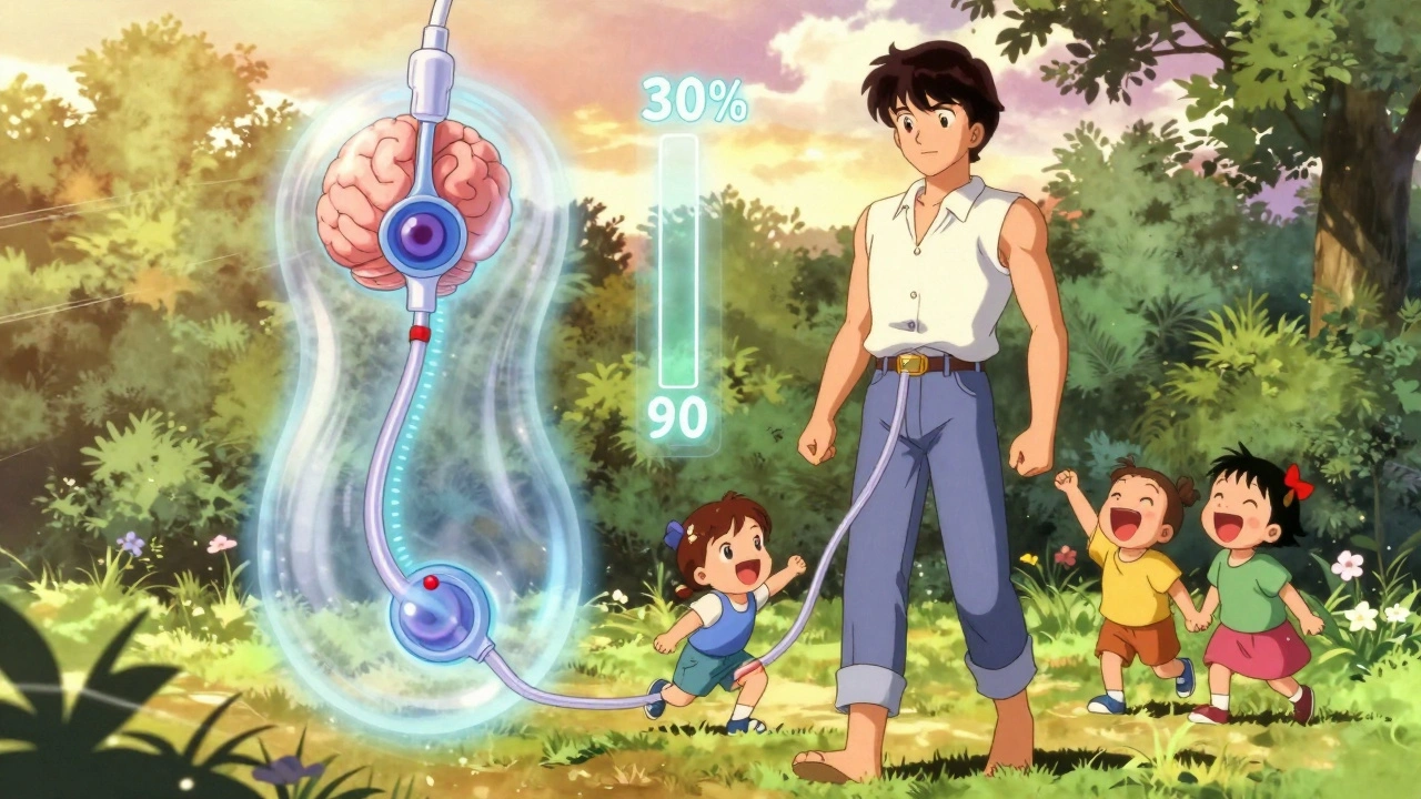 Patient walking confidently in garden with glowing shunt system and progress bar showing improvement.