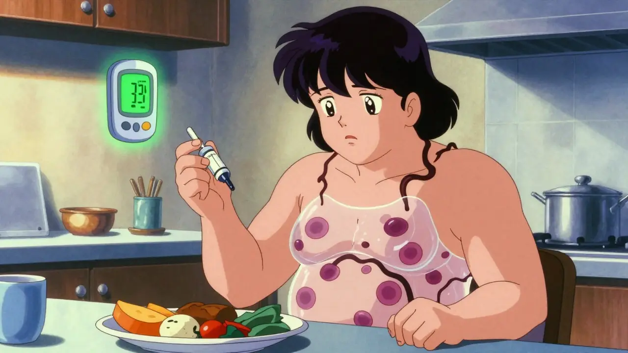 Person holding insulin vial while fat cells grow around them, CGM warning light glowing, retro anime style.
