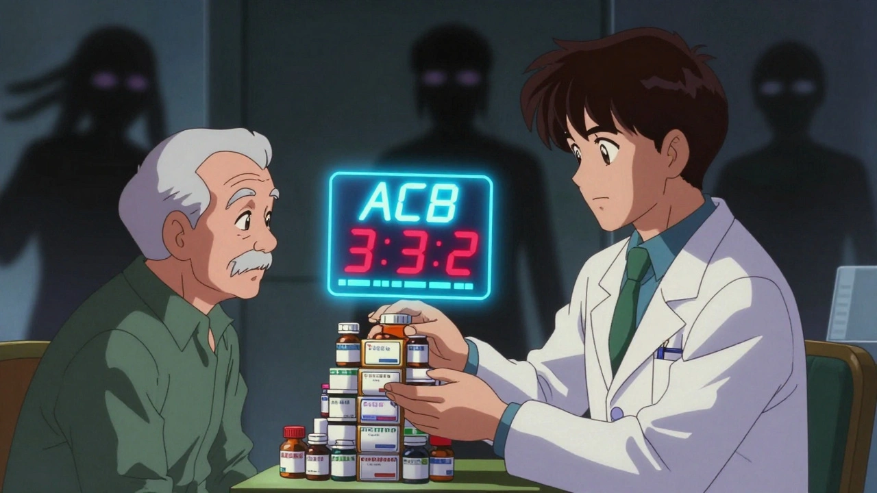 Pharmacist and senior reviewing medication scores with glowing risk indicators.