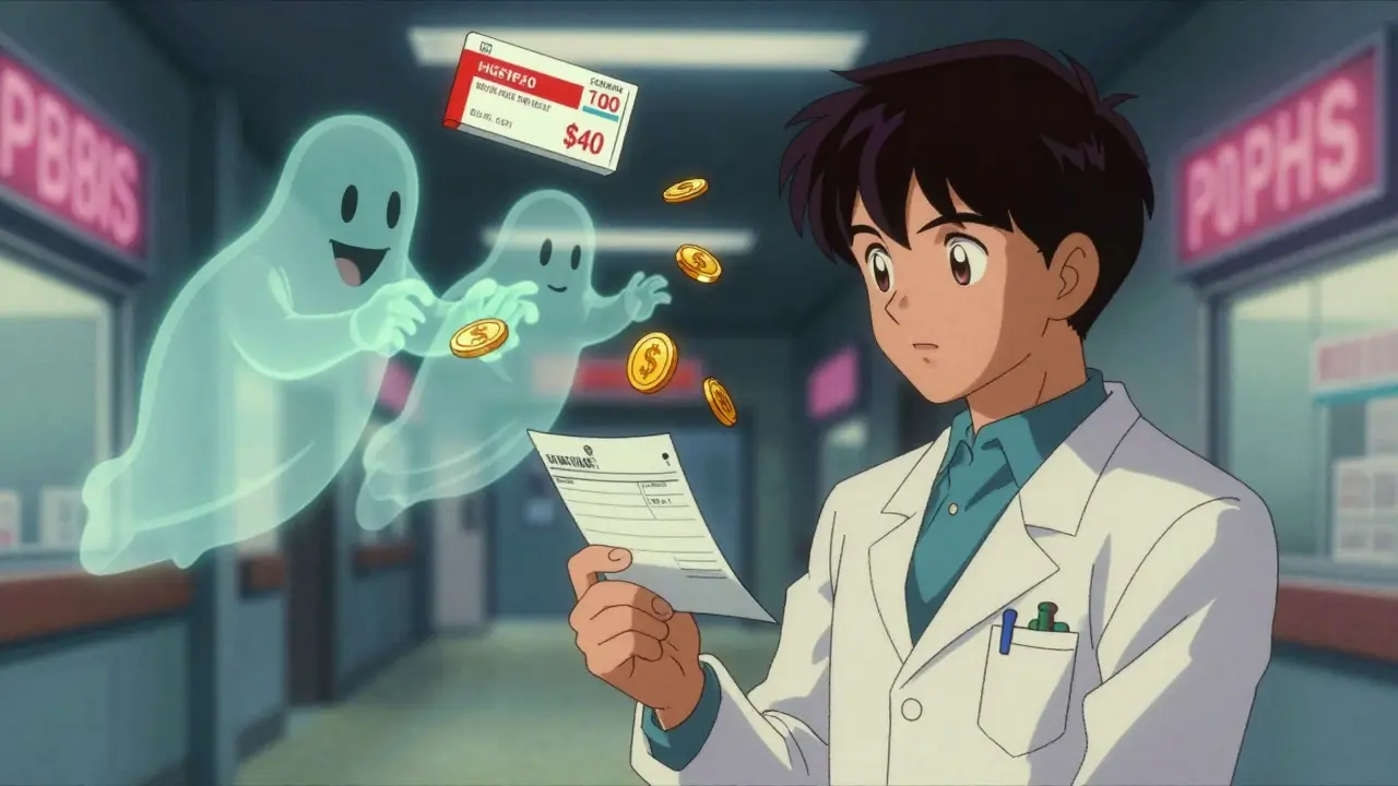 Pharmacist facing price tags while ghostly PBMs count rebates, pushing a more expensive brand forward.