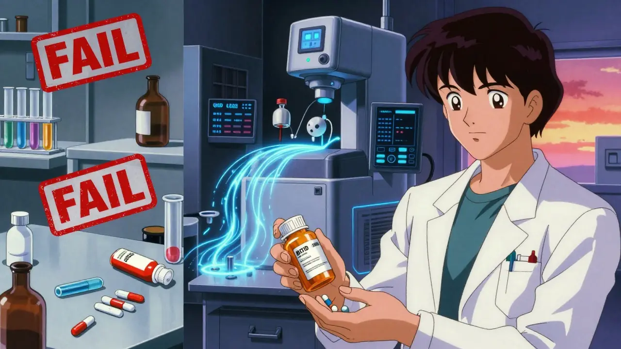 Pharmacist giving a pill bottle while contrasting old and new drug development methods appear in split vision.