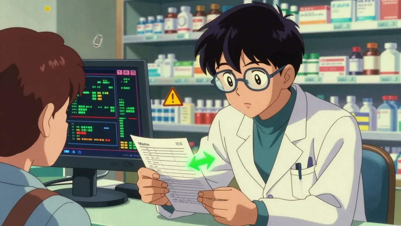 Pharmacist reviewing a printed medication list with a patient at a pharmacy counter.