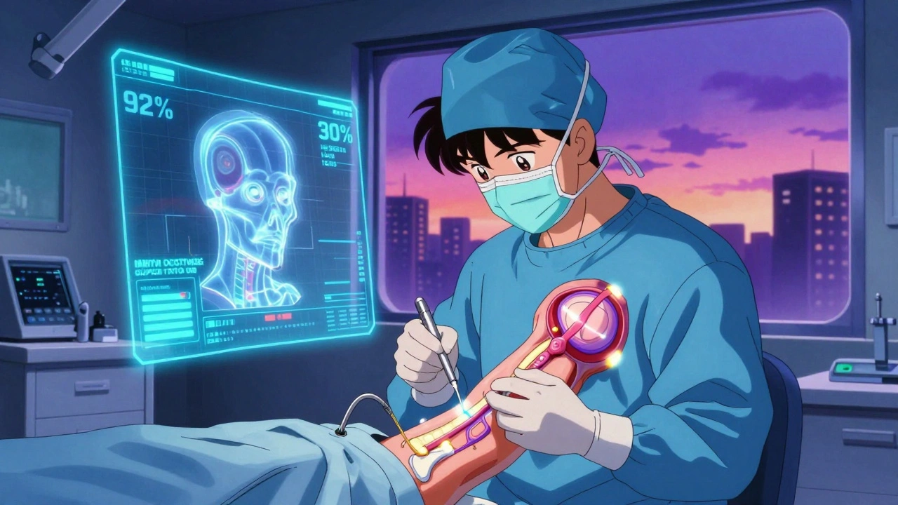 Surgeon performing arthroscopic repair with holographic shoulder model and glowing data.