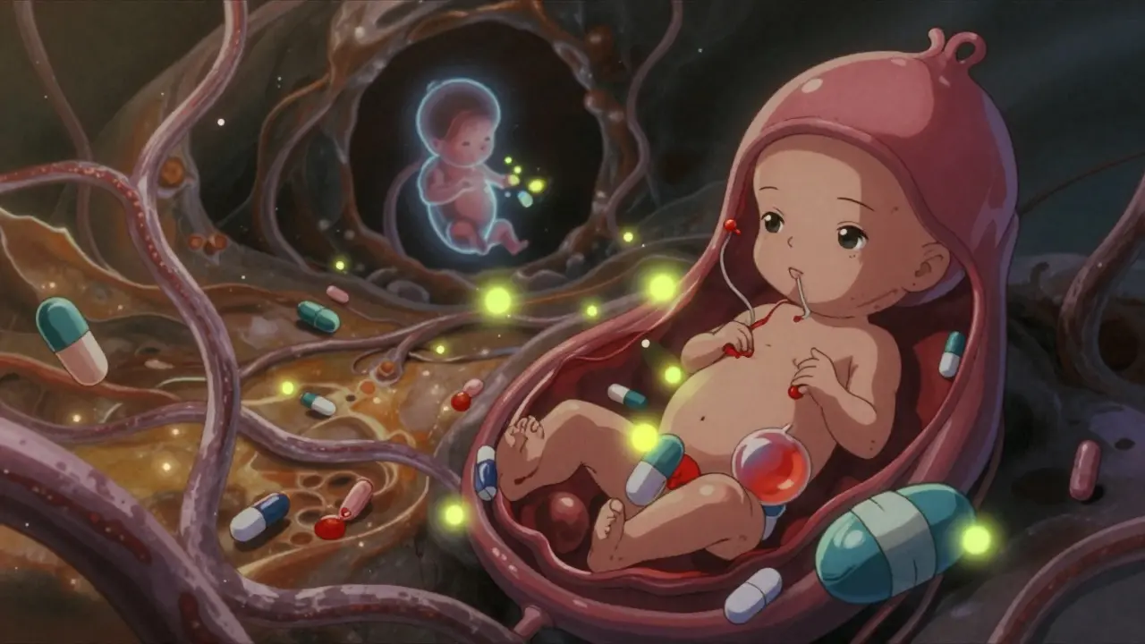 The placenta as a glowing organ with drug molecules moving through it, some repelled by protein bouncers, fetus faintly visible in background.