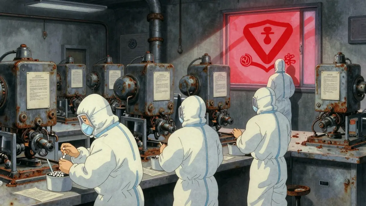 Three workers making pills amid seven abandoned production lines, with a glowing Medicare badge in the distance.