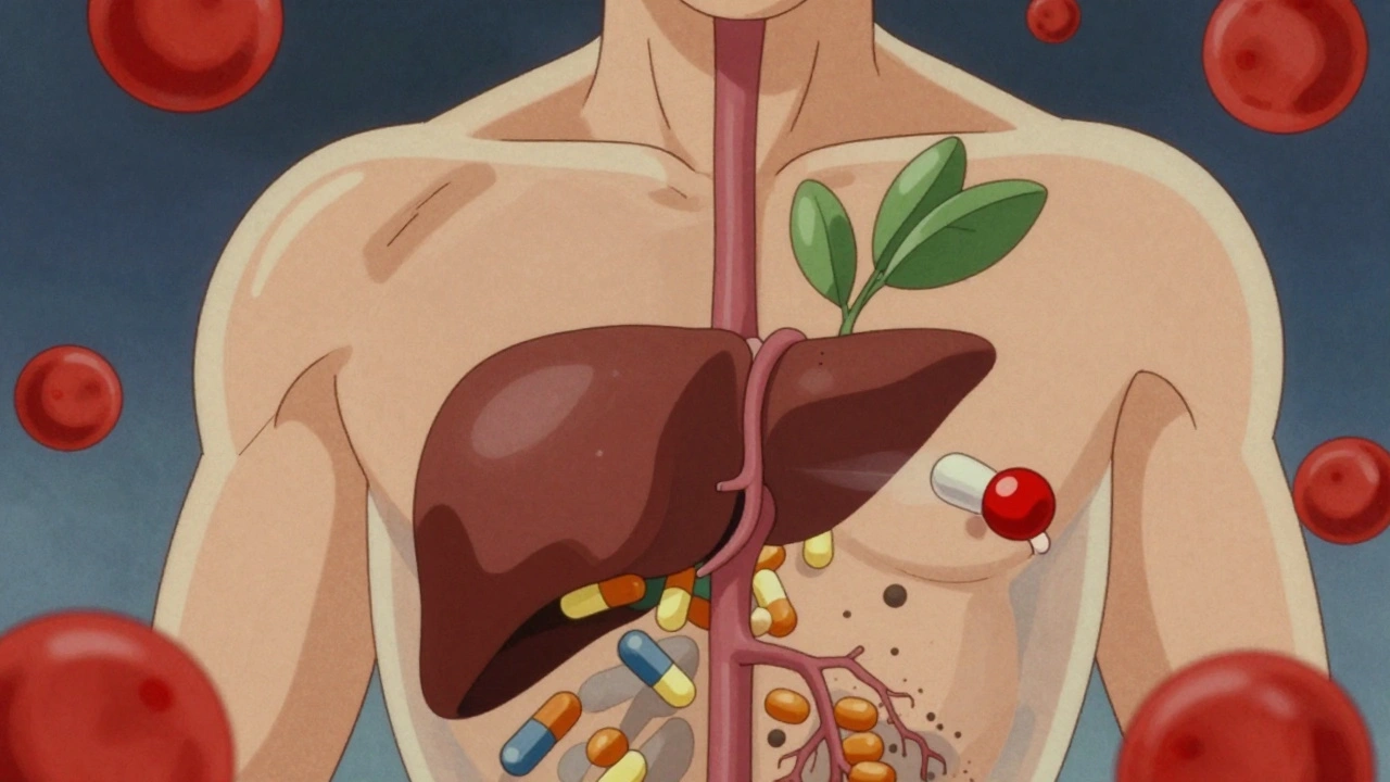 Transparent human body with liver filtering drugs in retro anime style