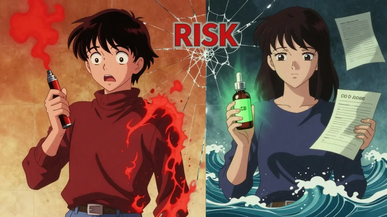 Two figures contrasted: one panicking with high-THC vape, another calm with CBD oil, separated by a warning glass wall in vintage anime style.