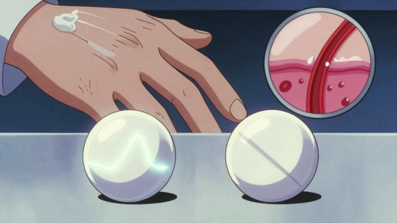 Two generic pills side-by-side in a lab, one with perfect absorption, the other failing to penetrate skin, in vintage anime style