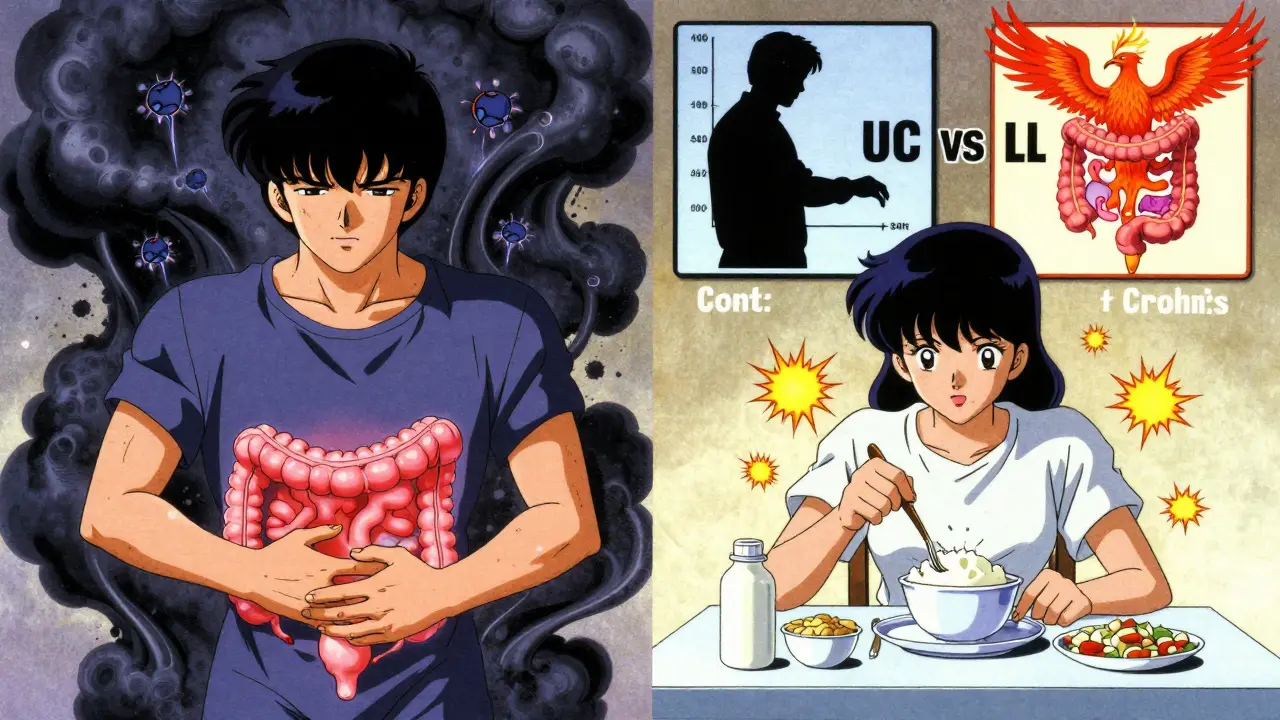 Two patients: one with a swollen toxic megacolon, another avoiding trigger foods, with surgical outcomes shown as cure vs recurrence in retro anime style.