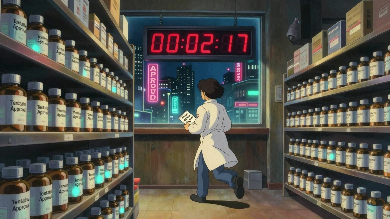Warehouse with glowing tentatively approved pills and worker rushing with final approval paperwork.