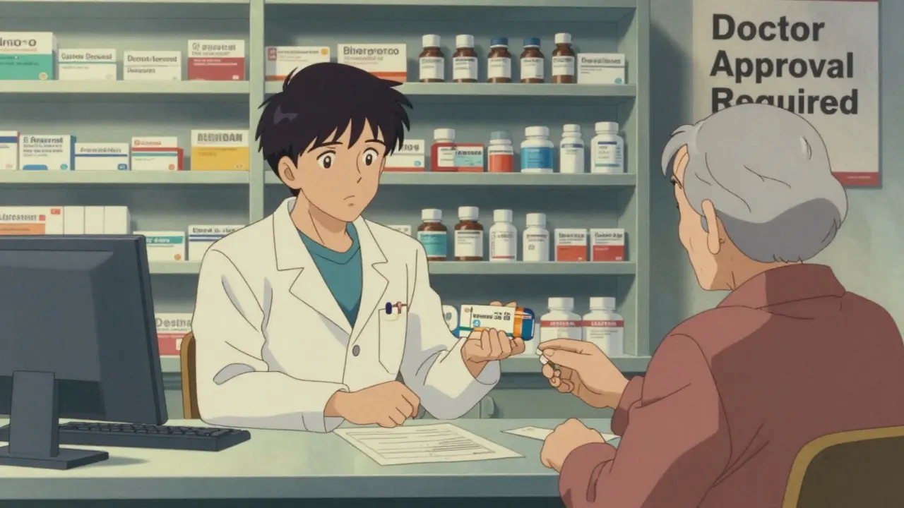 A European pharmacist stands hesitantly beside a brand-name drug, with a generic pill ignored due to legal restrictions.
