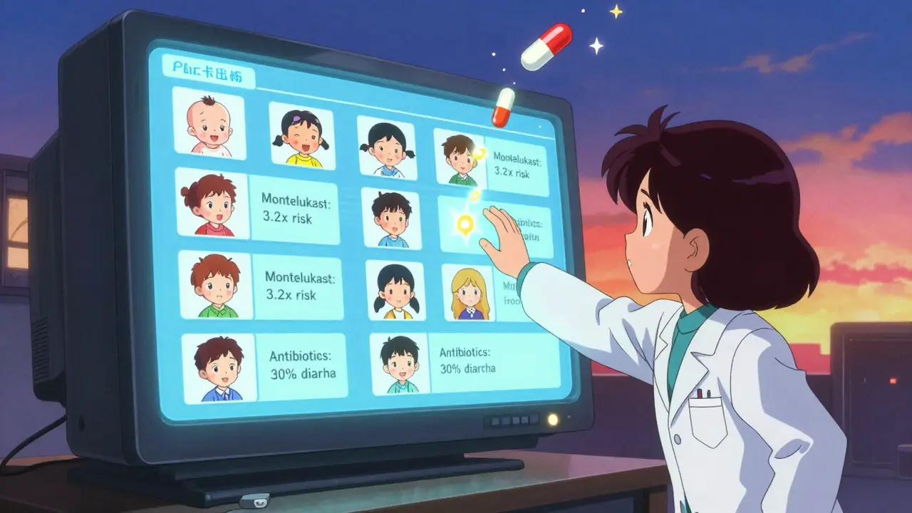 A glowing pediatric drug database with animated children and side effect data floating in the air.