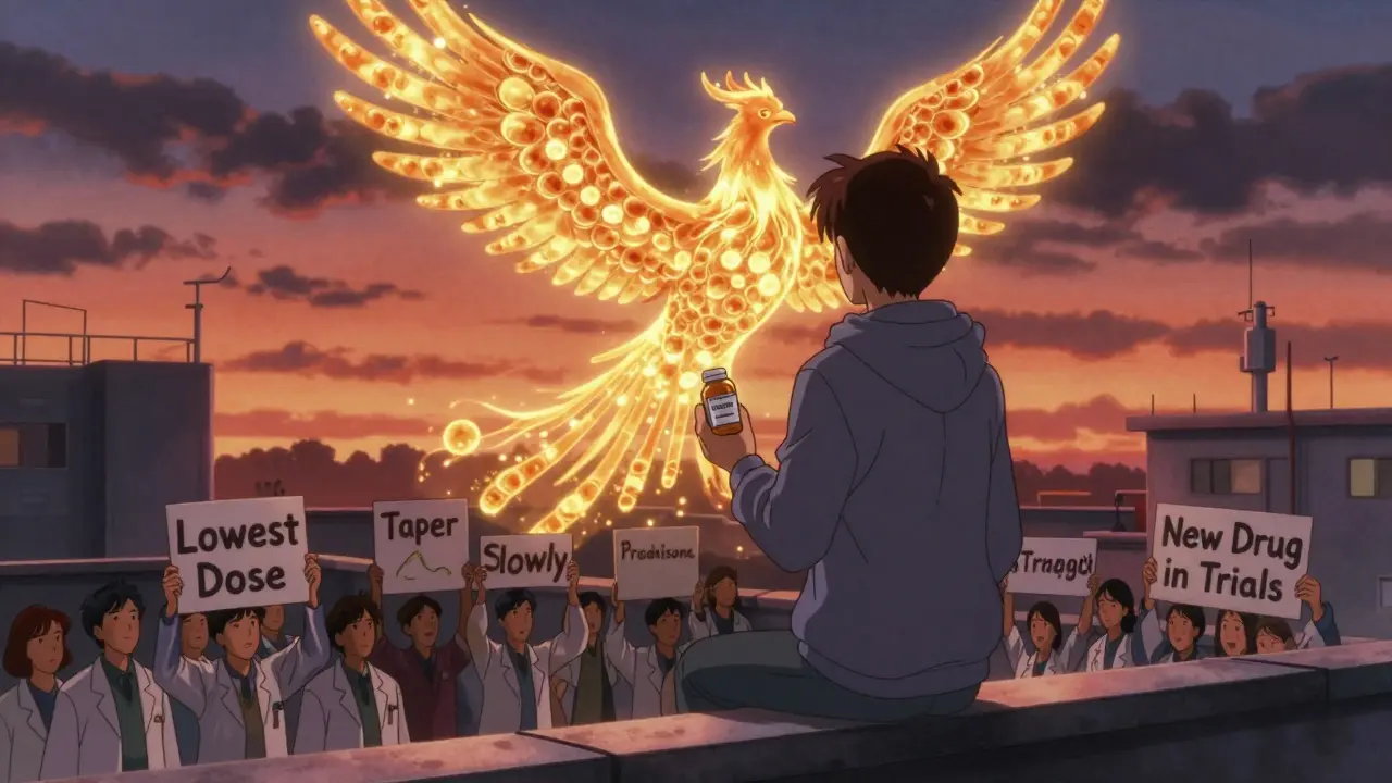 A patient on a rooftop with a cortisol phoenix rising behind them, surrounded by medical signs of hope and caution.
