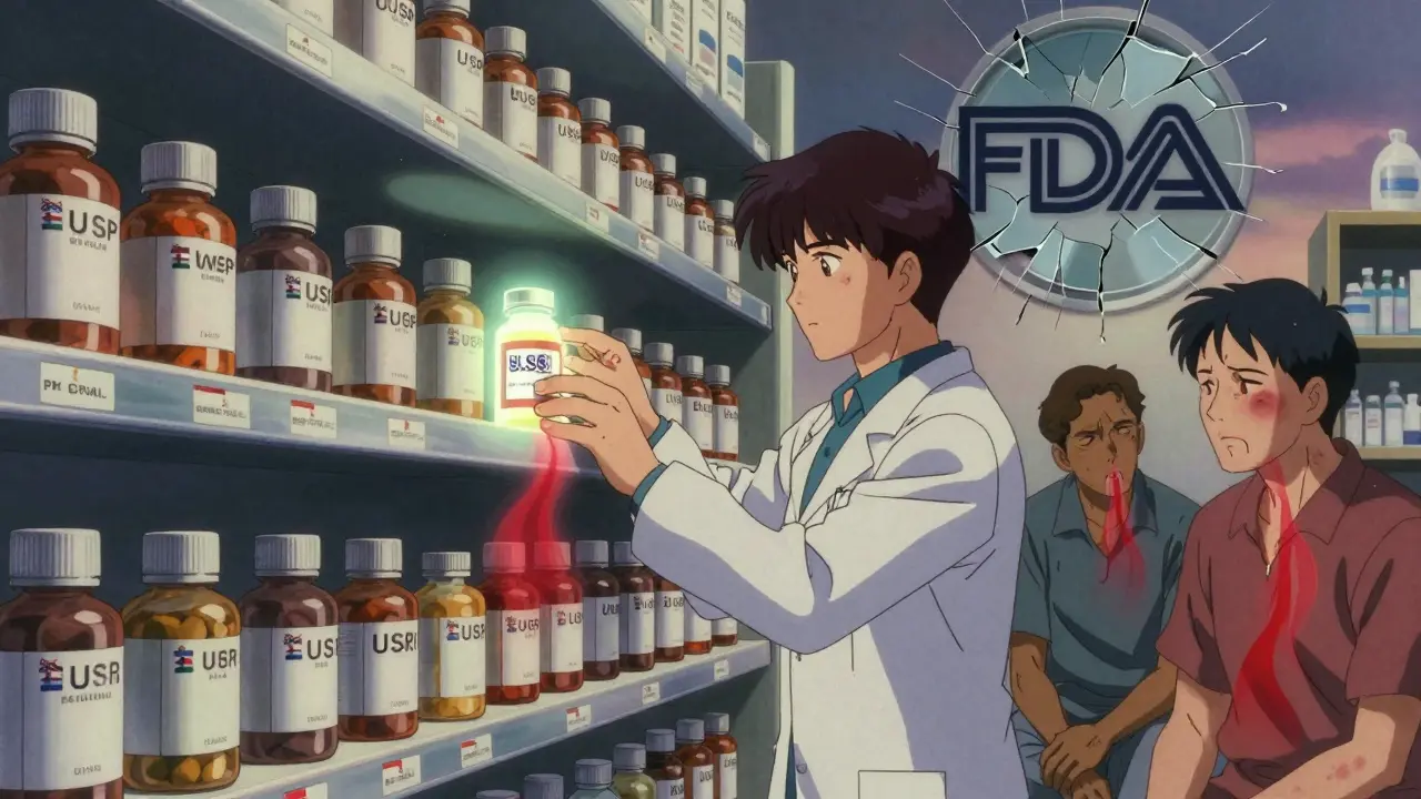 A pharmacy shelf shows generic drugs labeled by country, with one glowing U.S.-made bottle as patients suffer invisible side effects.