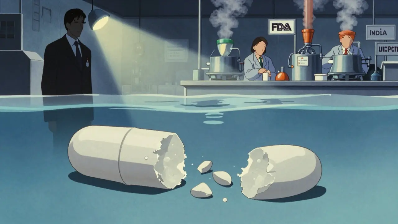 A pill dissolves unevenly in water, with one side breaking down properly while the other crumbles, under contrasting inspection scenes.