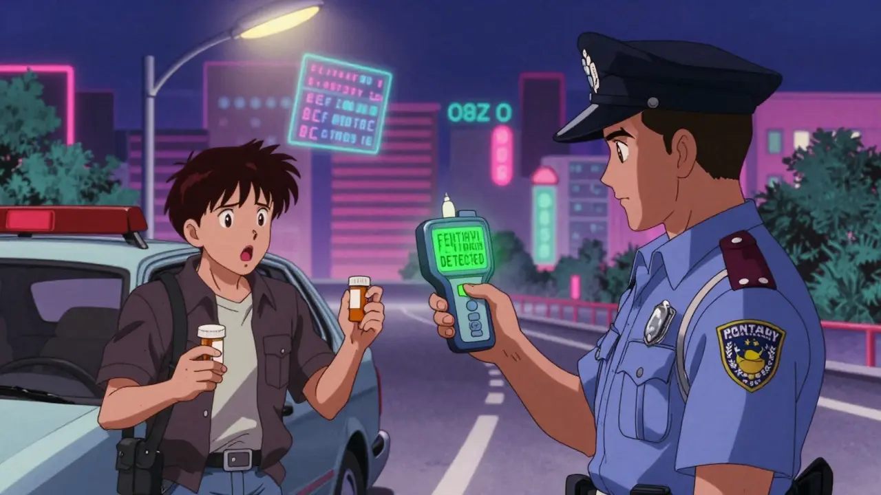 A police officer tests a driver's saliva for fentanyl at a roadside checkpoint under neon-lit retro anime skies.