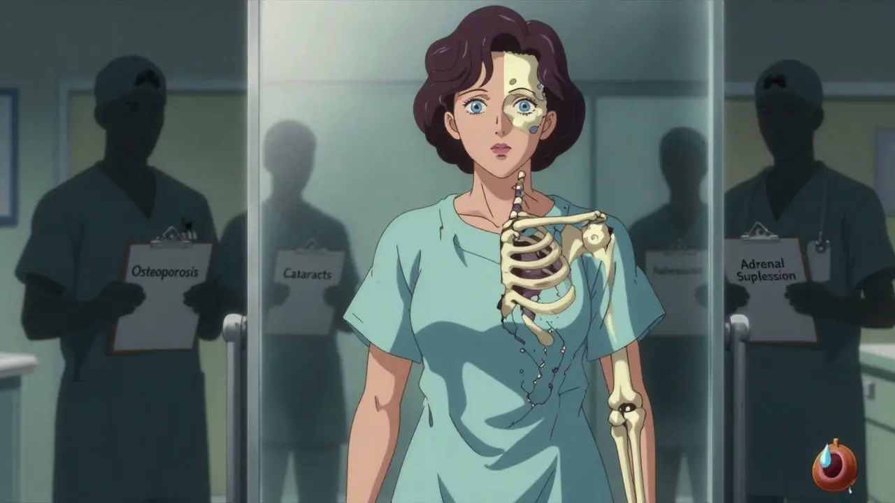 A woman's body split between health and damage from steroid use, with medical conditions floating behind her.