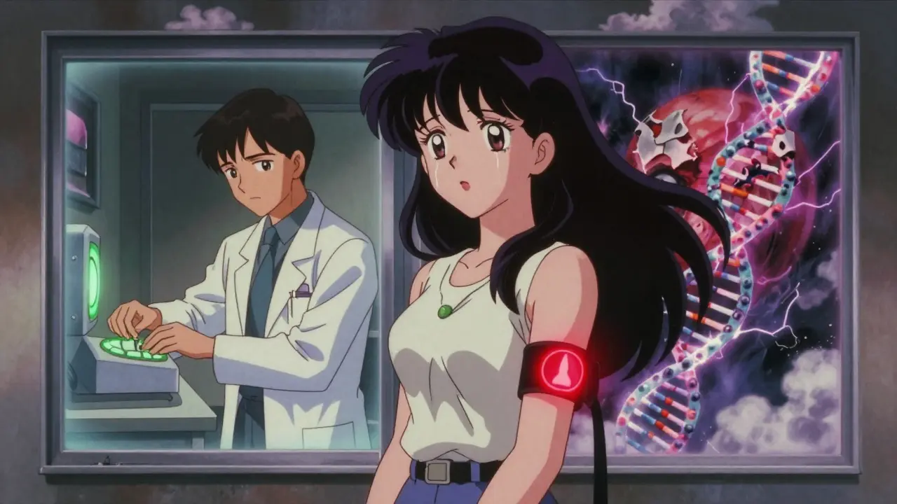 A woman wearing a medical alert bracelet, standing before a portal showing dose adjustment and immune reaction.