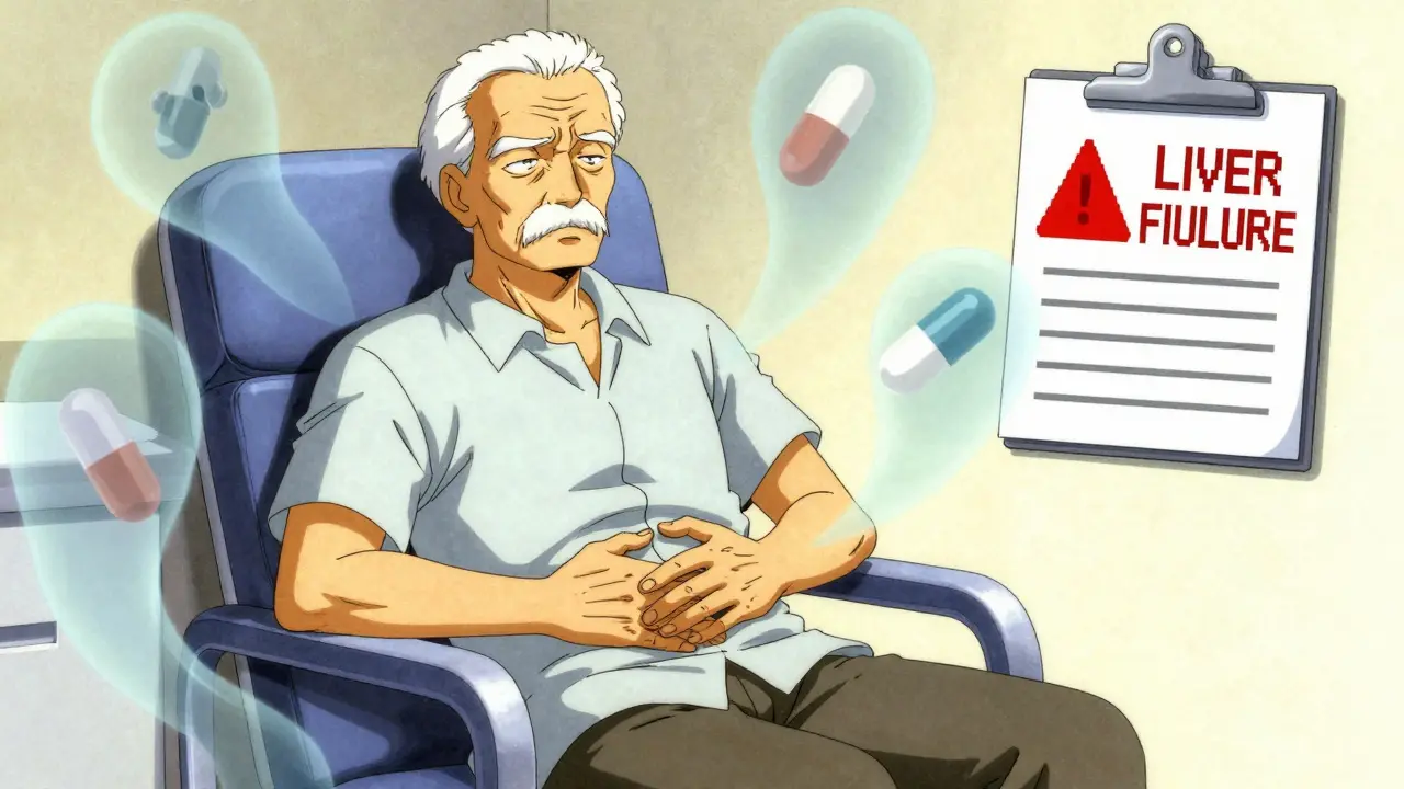 An elderly man with yellow skin, surrounded by floating medication ghosts in a hospital setting.
