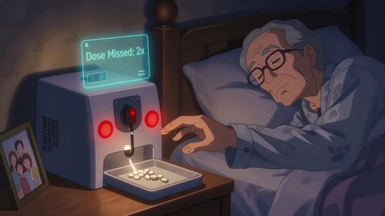 Automatic pill dispenser opening at night with glowing alarms beside a sleeping senior.