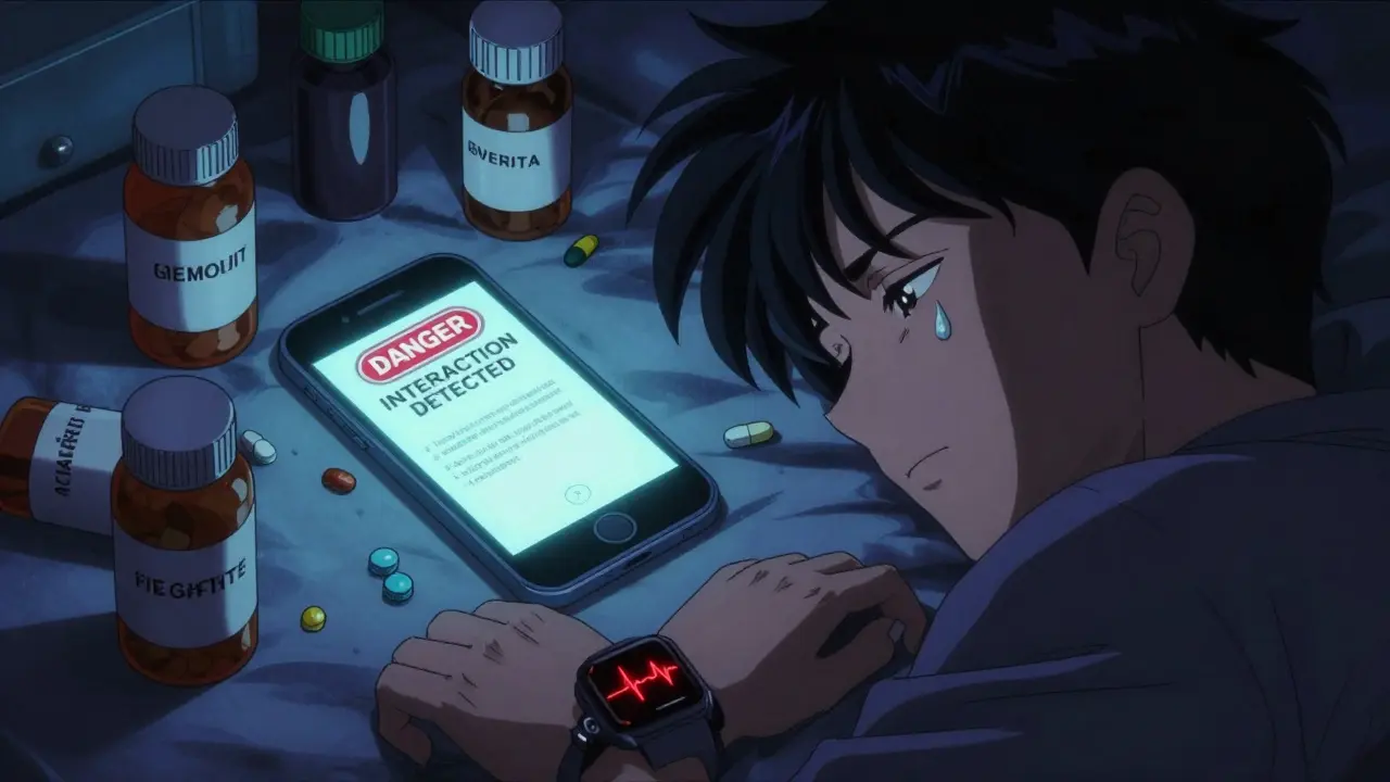 Cluttered bed with pill bottles and a smartphone warning, a person unconscious as a heartbeat flatlines.