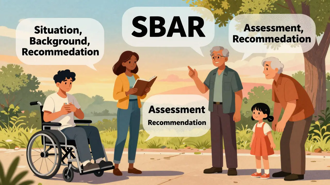Diverse group monitoring health with floating SBAR method text