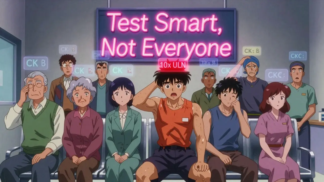 Diverse patients in a clinic with floating CK level tags, one glowing red, under a 'Test Smart, Not Everyone' sign.