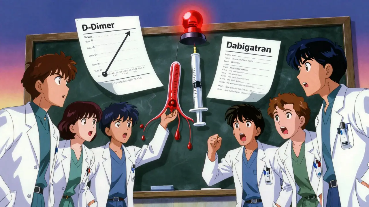 Doctors studying a diagram of clotting and bleeding with floating lab results, retro anime style.
