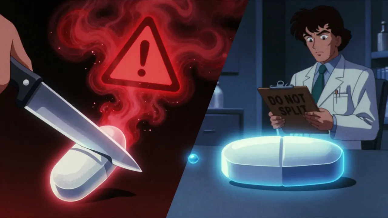 Dramatic split image showing dangerous release from a cut extended-release pill versus safe steady release.