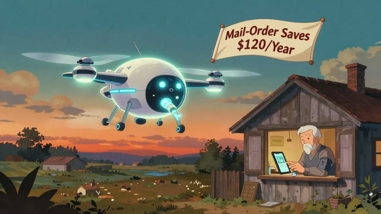 Futuristic drone delivers insulin to remote farmhouse in retro anime style.