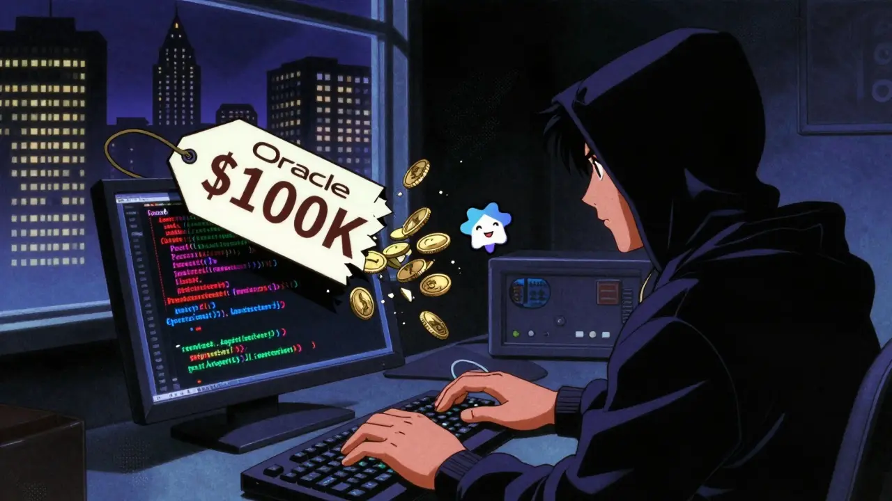 Hacker in dim room coding open-source software, shattering expensive price tag into coins that become a smiling logo.